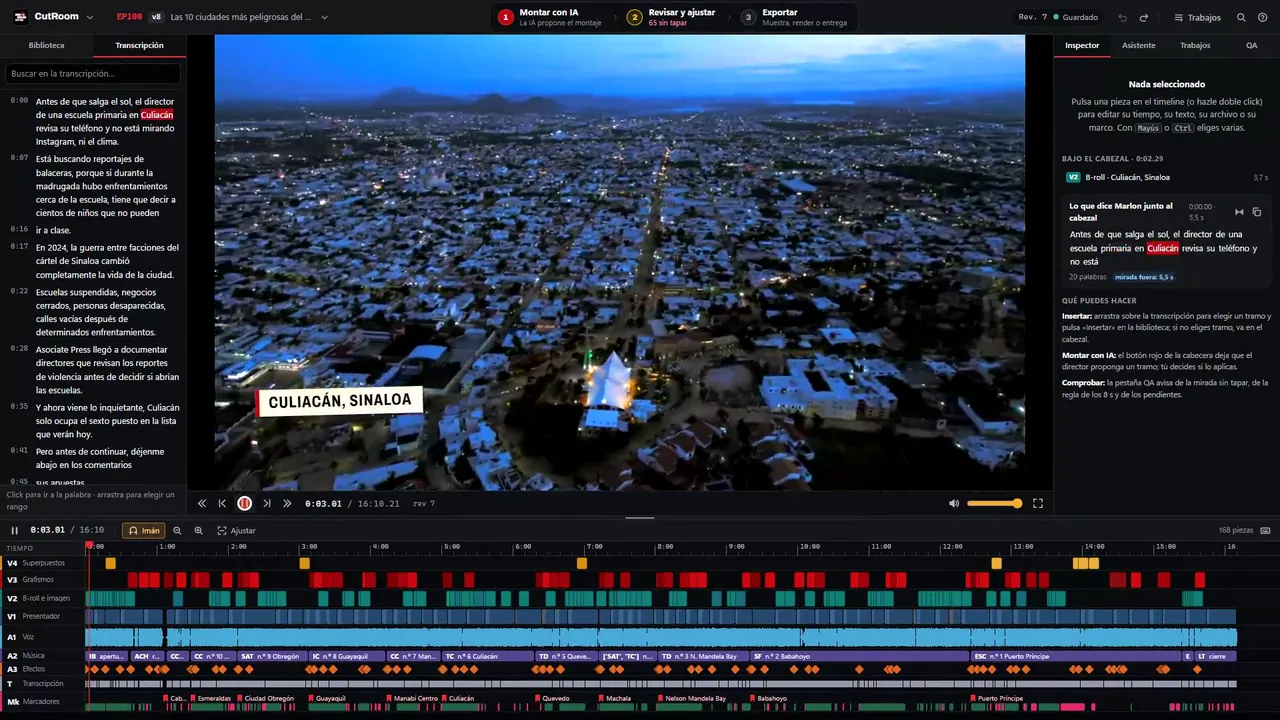 CutRoom with an episode open: aerial preview of Culiacán, clip library, inspector and a multitrack timeline