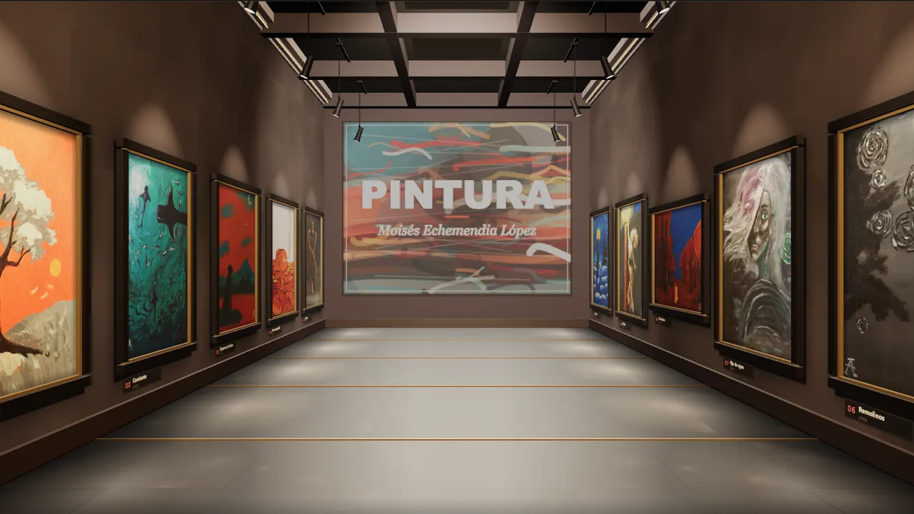 3D gallery corridor with ten lit paintings and a back wall that reads PINTURA, Moisés Echemendia López