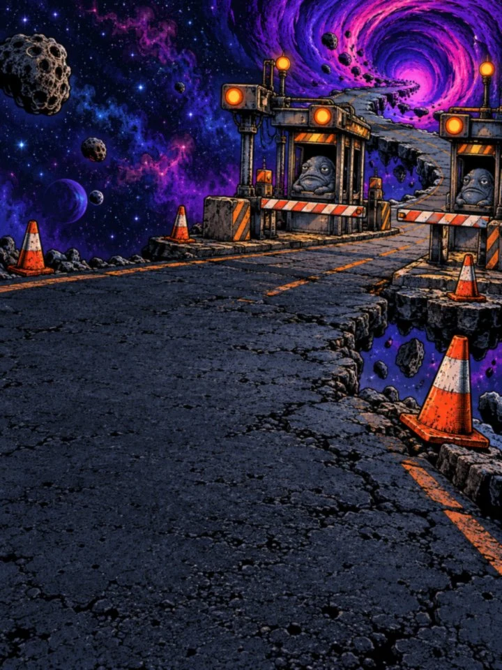 Wormhole toll-booth artwork from Infinite Hustle: a violet portal on a broken road