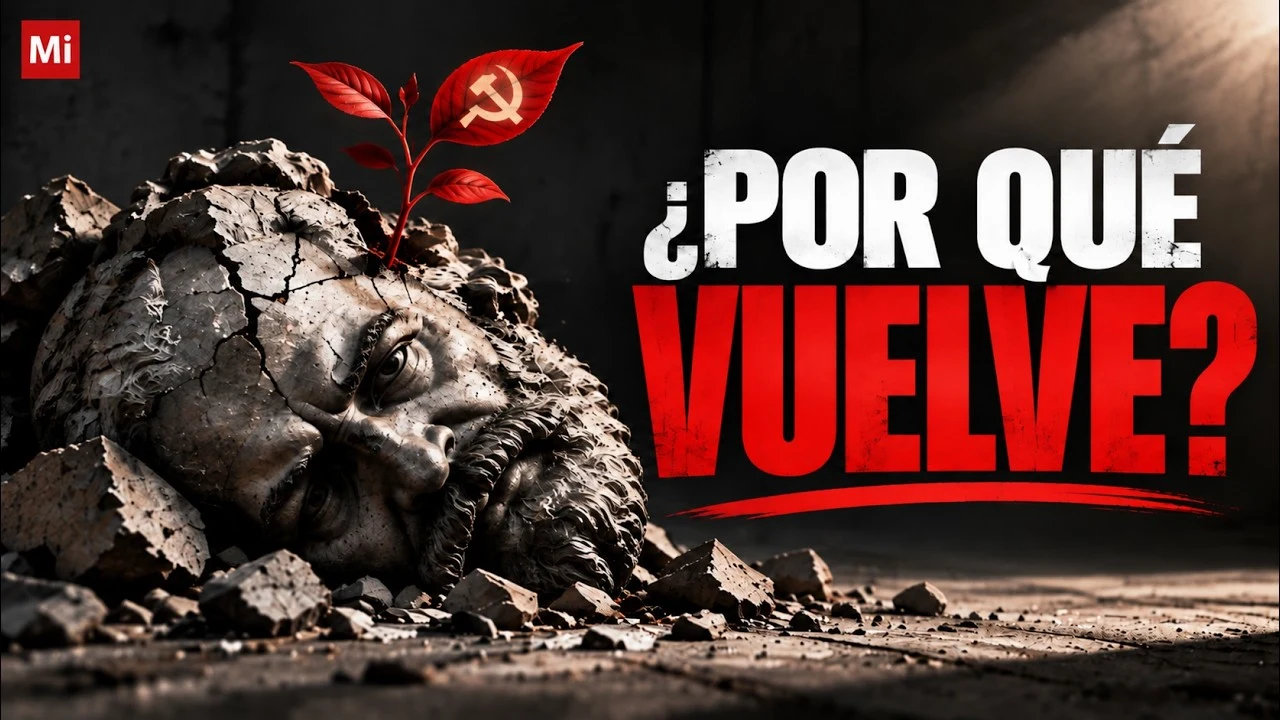 Mínimamente Informado artwork: broken bust, a red plant, and the title ¿Por qué vuelve?