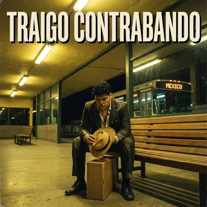 Traigo Contrabando cover: a man at a bus station with a suitcase